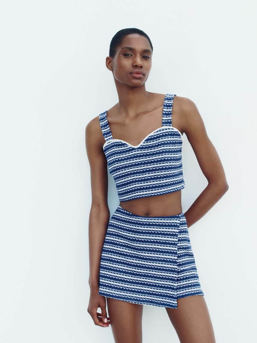 Zara Blue and White Striped Cropped Top & Skirt Set